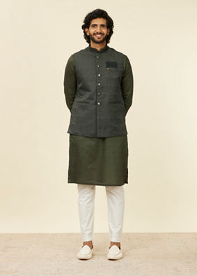 alt message - Manyavar Men Dark Green Victorian Patterned Nehru Jacket image number 2